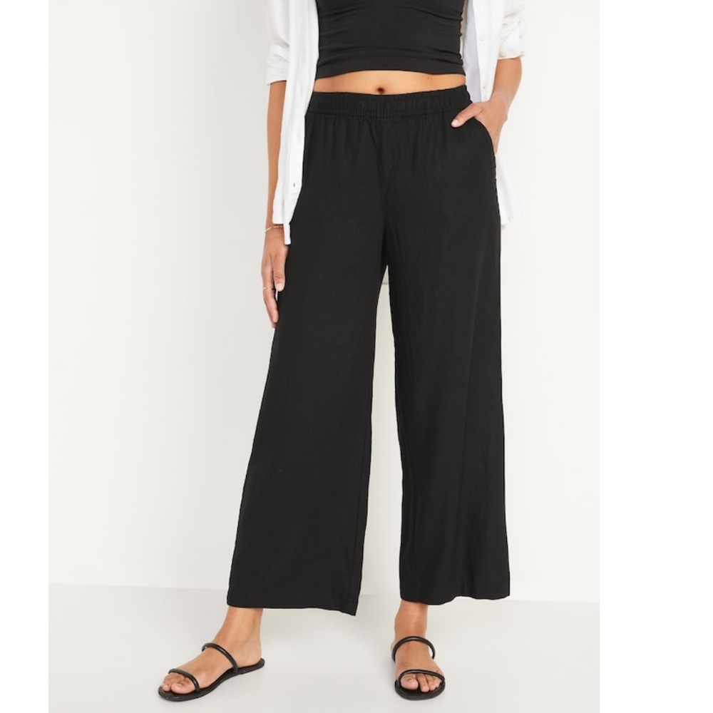 High waist, solid black wide leg linen pants